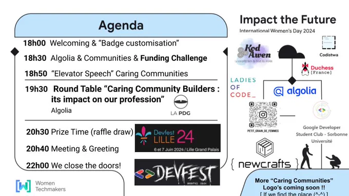 Image description: An illustrated conference agenda titled "Impact the Future" for an event in June 2024. It includes a timeline from 18h30 to 22h00 with events such as the "Algolia & Communities Funding Challenge," "Elevator Speech" by Caring Communities, and various presentations by groups like Women Techmakers and Duchess. Notable logos include Algolia, Google Developer Groups, La DevFest, and more. Around the agenda, there are icons and text related to tech and community involvement, including an announcement for a future event titled "Impacting Communities Coming Soon!