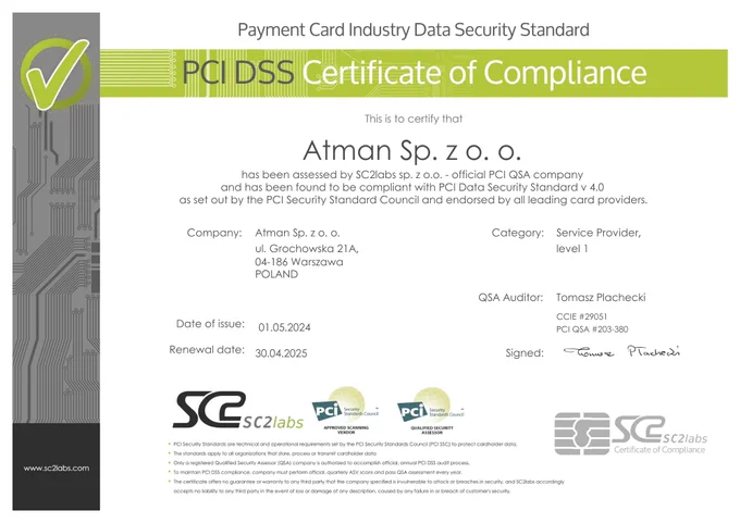 Certyfikat PCI DSS v. 4.0 dla Atman sp. z o.o.