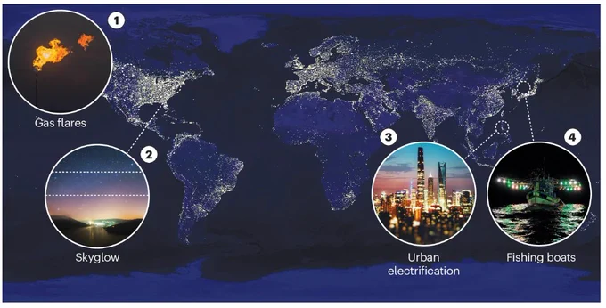 A world map showing the distribution of light at night. Some inset images show photos of different light pollution sources, including gas flares, skyglow, urban electrification, and fishing boats.