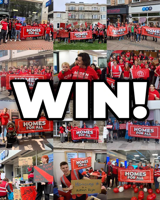 The word WIN with a background collage of ACORN members, in red and holding banners reading Homes for All, at the recent day of action at TSB branches