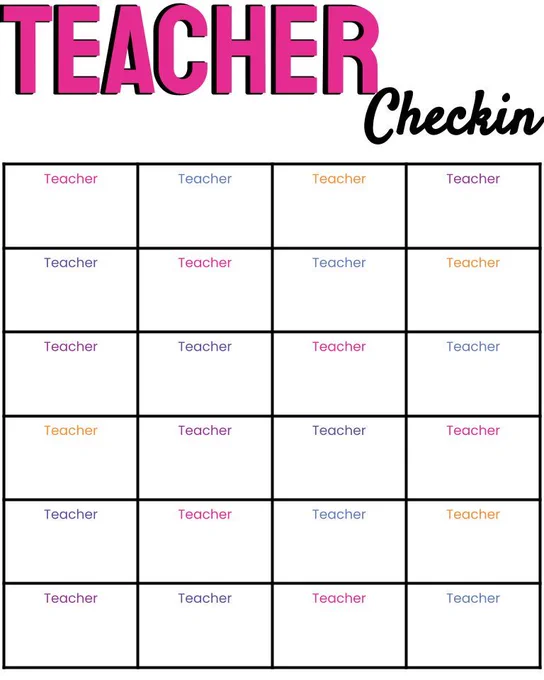 A screenshot of a template for a teacher check-in tracker. The title is "Teacher Checkin" and the grid includes space to write teacher names.