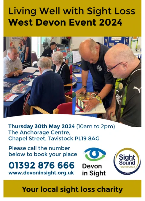 Living Well with Sight Loss Event West Devon. The image is of Aaron Garrett and Phil from Blind Veterans talking to an attendee about the services they offer and Tony from Sight and Sound Technology Ltd demonstrating the Ruby Video Magnifier.