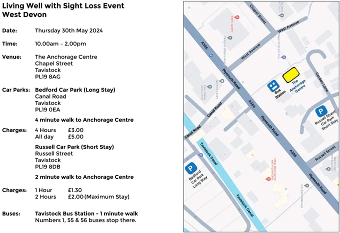 Map of the area showing Car Parks, Bus Stops and Train Station.