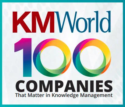 The text "KMWorld: 100 Companies That Matter in Knowldge Management" with the "100" stylized with swirls and several colors