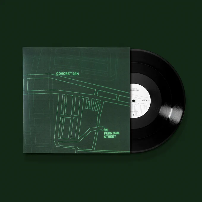 A photo of the vinyl record sleeve for Concretism's new single 39 Furnival street.