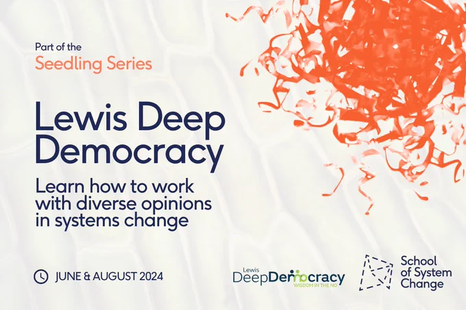 A School branded graphic promoting the Lewis Deep Democracy short course, part of the summer 2024 Seedling Series. The background image is a macro shot of an onion cell, showing a honeycomb-like pattern. School and LDD logos are in the top right corner communicating the collaboration.