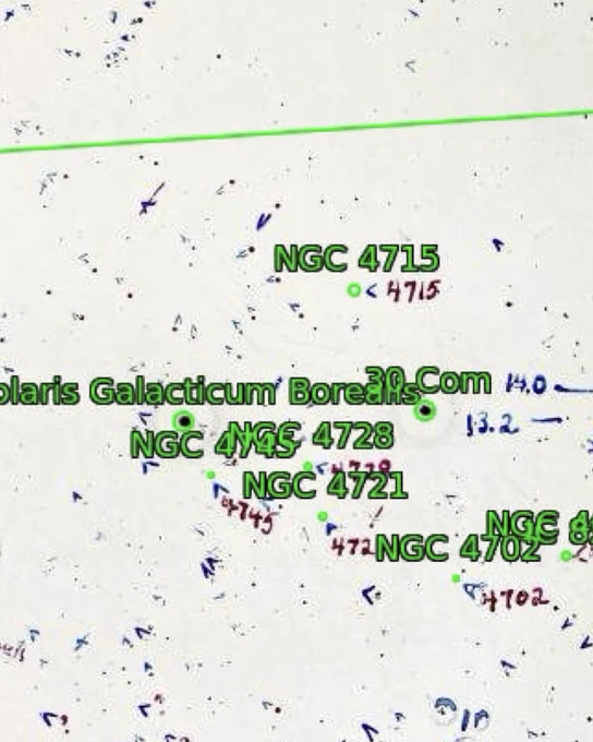A close-up view of the detailed area now with computer-added labels in green indicating different black stars by name: NGC4715, NGC4728, NGC4745, NGC4721, NGC4702.