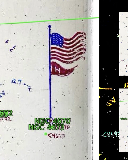 The same close-up view with green text continues with two readable green labels, NGC4670 and NGC4673, at the base of the flag pole holding the American flag and a red Harvard "H" pennant flag.