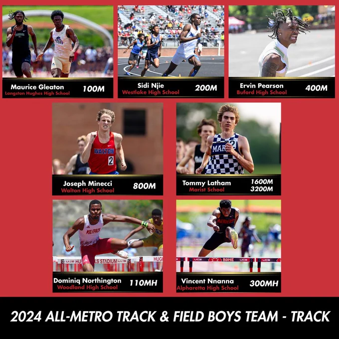 The athletes on the 2024 All-Metro Track & Field Boys Team - Track: Maurice Gleaton, Langston Hughes High School, 100m. Sidi Njie, Westlake High School, 200m. Ervin Pearson, Buford High School, 400m. Joseph Minecci, Walton High School, 800m. Tommy Latham, Marist School, 1600m & 3200m. Dominiq Northington, Woodland High School, 110mH. Vincent Nnanna, Alpharetta High School, 300mH.