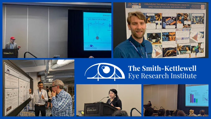Collage of photos of SKERI scientists from VSS 2024: Dr. Santani Teng at the podium, Dr. Adrien Chopin in front of his poster, Arshil Patel presenting his poster to an attendee, Dr. Haydée Guadalupe García-Lázaro giving a talk at a podium closeup and with the view of her slide