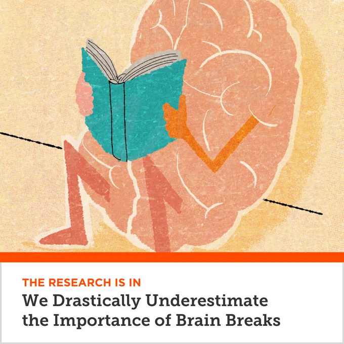 The Research Is In: We Drastically Underestimate the Importance of Brain Breaks. Illustration of a brain with arms and legs, reclining and reading a book.