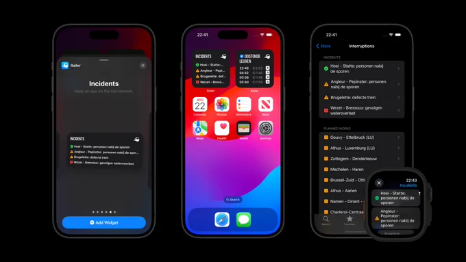 Screenshots of Railer on iPhone and Apple Watch, showing the Incidents widgets and in-app screens.