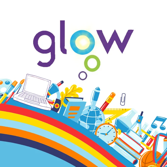 Image shows the Glow logo above a computer screen, books, a musical note and more.