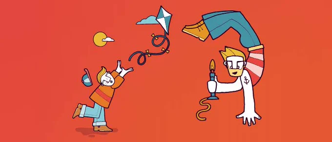 illustrations of a circus performer and a child with a kite. Red background.