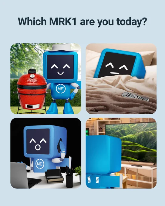 Text reads 'Which MRK1 are you today?'. Collage of 4 images - Top left: robot with a red Kamado Joe BBQ, top right: robot lying in bed with remote, bottom left: robot answering phone sat at desk with computer, bottom right: robot watching the TV.