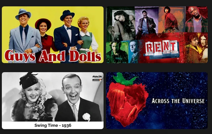 A collage of musicals "Guys and Dolls", "Rent", "Swing Time", "Across the Universe"