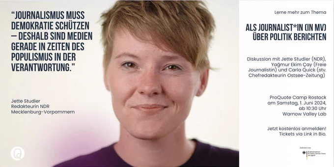 Foto- und Zitatkachel
Jette Studier
“Journalismus muss Demokratie schützen  
– deshalb sind Medien gerade in Zeiten des Populismus in der Verantwortung.”