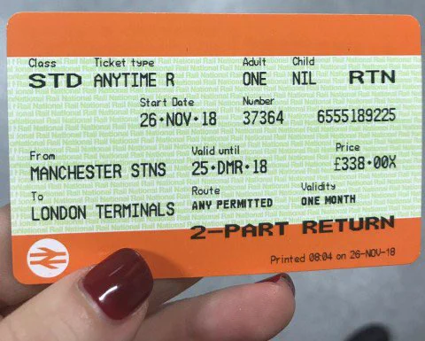 Manchester to london return train ticket (£338.00)