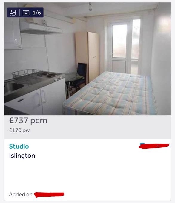 Advert for a studio flat with bed in a kitchen. £737pcm