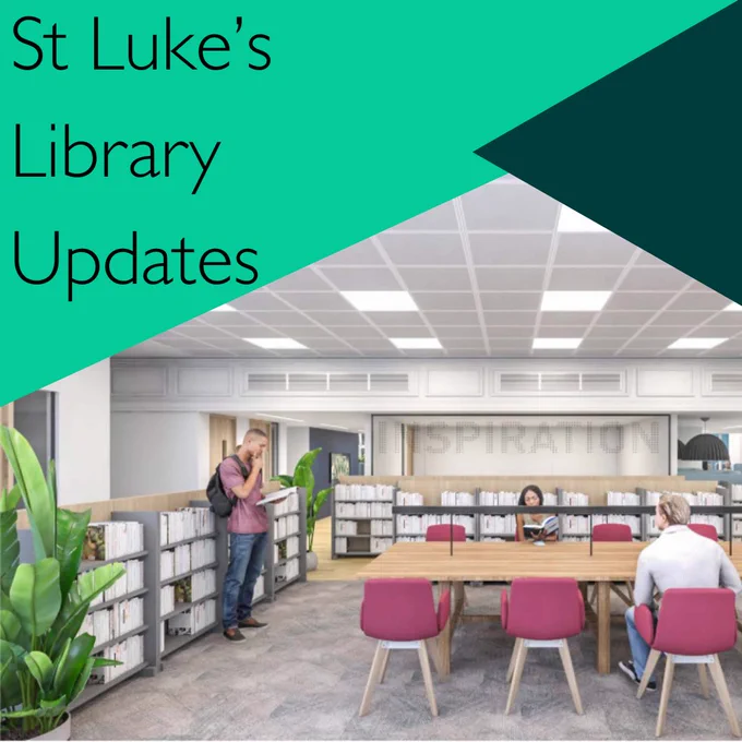 [image description – an artist’s impression of the new design at St Luke’s Library with a green triangle band coming from the left at the top with a darker green triangle band overlaid on the right, the text on the green triangle band says ‘St Luke’s Library Updates] 