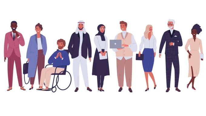 An animated group of diverse professional staff. 