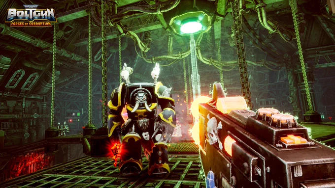 Warhammer 40,000: Boltgun - Forges Of Corruption screenshot, Malum Caedo shoots at enemy