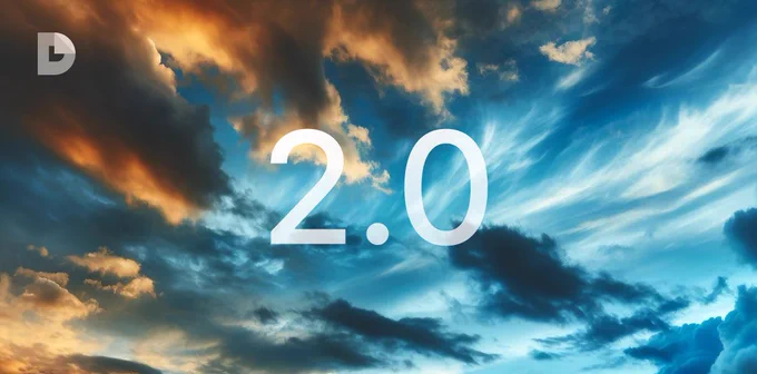The text "2.0" floating in a cloudy sky colored by a sunrise. Doctave's logo is monochrome in the top left corner against the clouds.