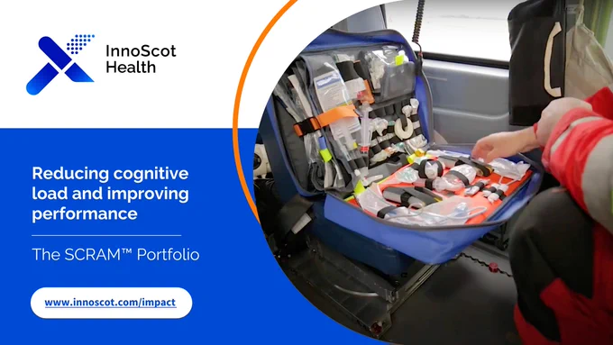 An air ambulance paramedic pictured sorting their Adult SCRAM™ Bag, alongside the text - "Reducing cognitive load and improving performance. The SCRAM™ Portfolio"