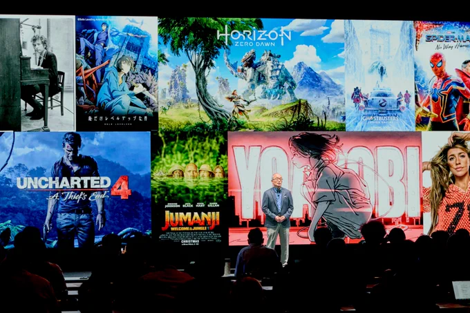 At the Sony Group’s Corporate Strategy Meeting 2024, President, COO and CFO Hiroki Totoki stands in front of a screen displaying Sony's popular IPs and talks about Sony’s long-term ”Creative Entertainment Vision” and the initiatives to achieve it.​