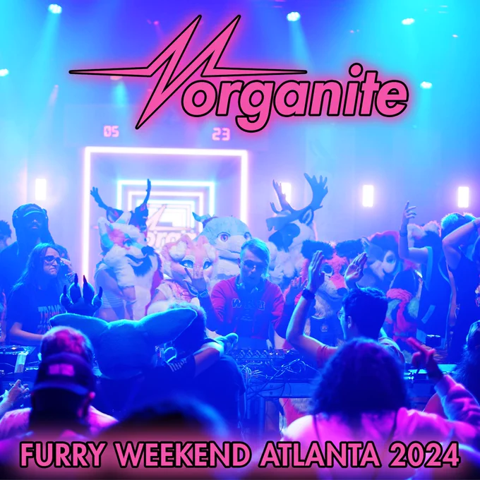 Cover for Morganite's FWA mix. A crowd of people and fursuiters stand around Morganite as she DJs
