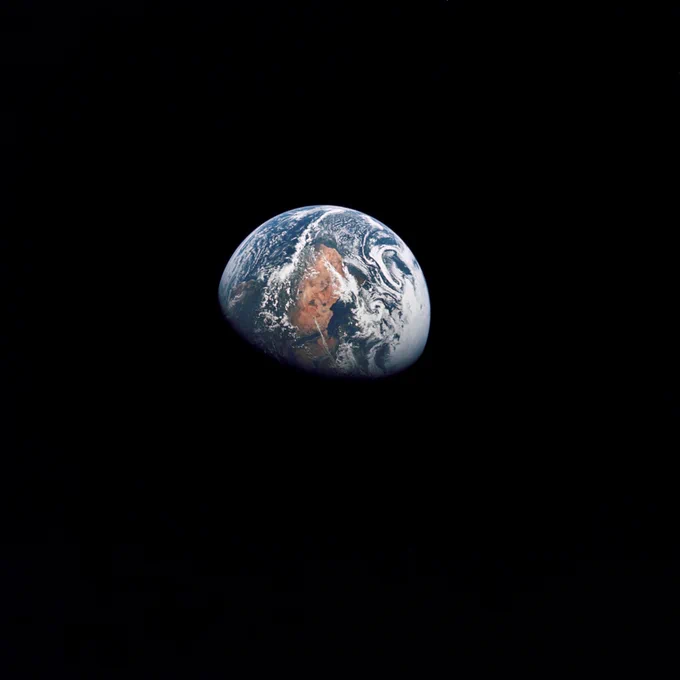  An Apollo 10 photograph of Earth taken from 100,000 miles away. Visible are many areas of Europe and Africa. Among the features and countries identifiable are Portugal, Spain, Italy, the Mediterranean Sea, Greece, Turkey, Bulgaria, the Black Sea, Libya, Egypt, Saudi Arabia, the Sinai Peninsula, the Nile Delta, Lake Chad, and South Africa.  Image credit: NASA