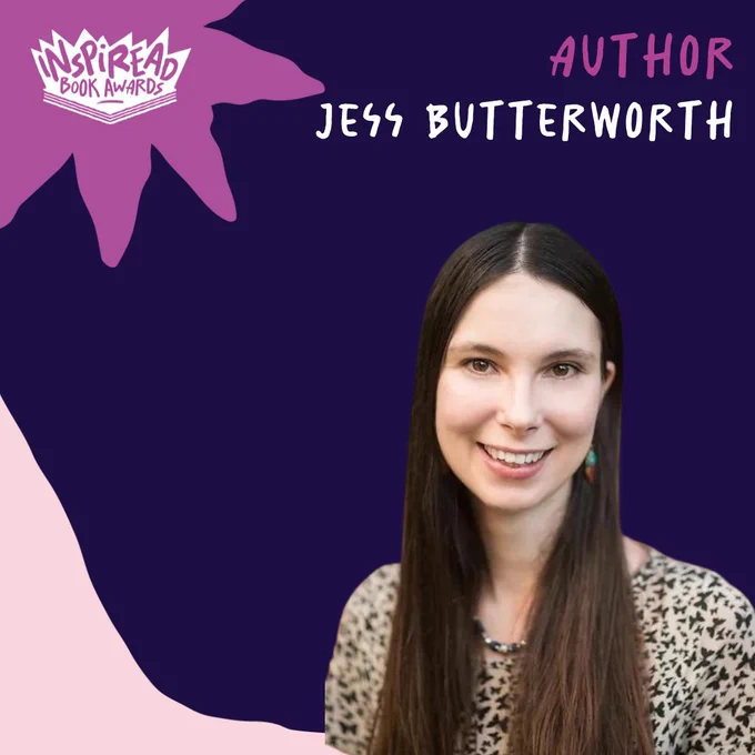 dark blue background with photo of jess butterworth, a woman smiling with long brown hair, a purple star in the top corner and light pink slope on the bottom left corner