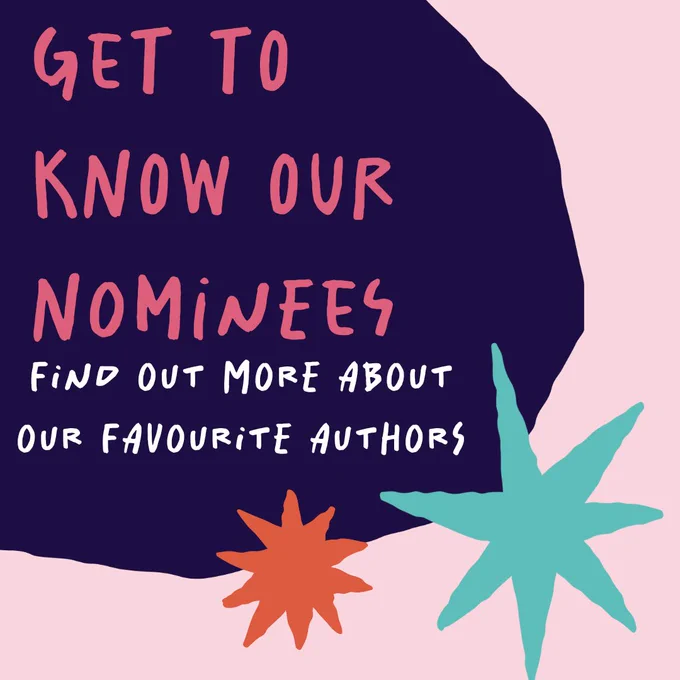 get to know our nominees tile with a dark blue shape background on a pink background with a blue star and orange star