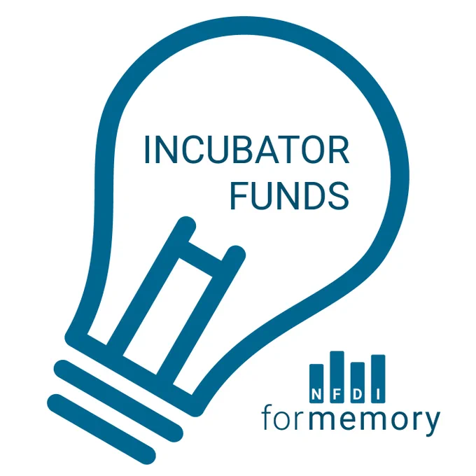 Logo der 4Memory Incubator Funds: Groß eine stilisierte Glühbirne in deren Mitte Incubator Funds steht. rechts unterhalb der Glühbirne das Logo von NFDI4Memory