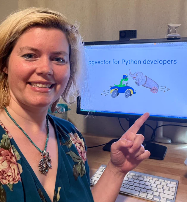 Photo of Pamela with slides about pgvector for Python developers