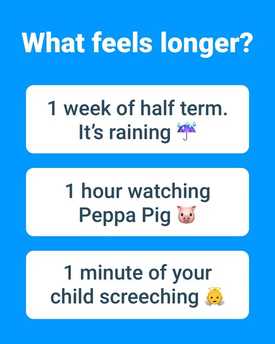 Text reads 'What feels longer?'. Image of a blue rectangle with text '1 week of half term. It's raining.' '1 hour of watching Peppa Pig'. '1 minute of your child screeching.'