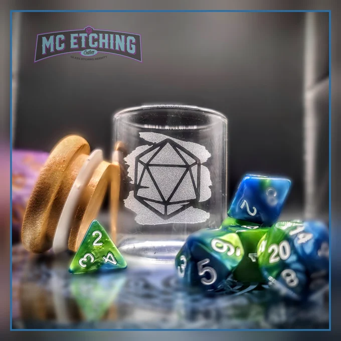 Small glass jar etched with a d20 dice design 