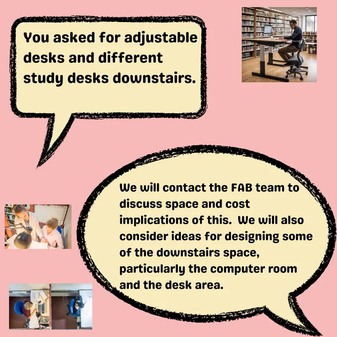 Poster with suggestion of adjustable desks for the library with the response from the team of investigating this with FAB in terms of cost and space implications. 