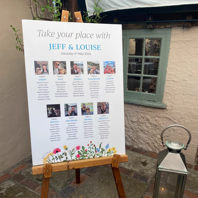 Wedding Table Plan Board displayed on a wooden easel