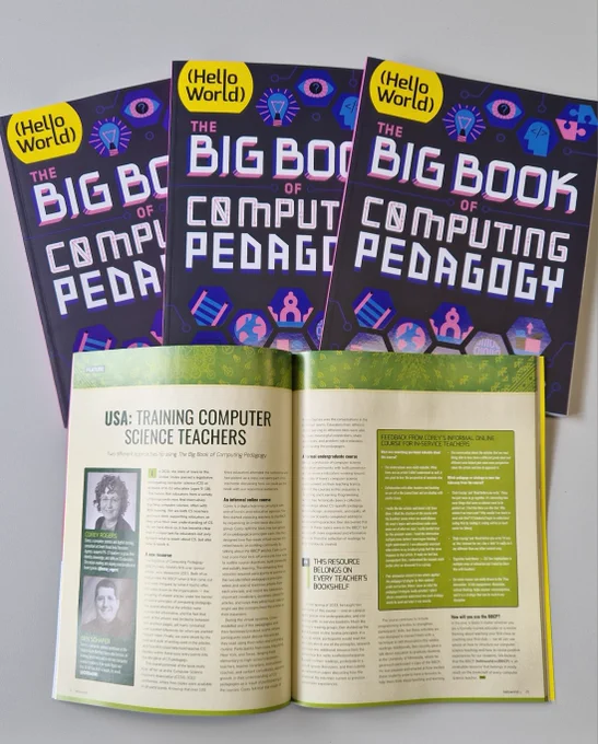 Photograph of Corey and Ben's article in Issue 23 of Hello World magazine, with 3 Big Books of Computing Pedagogy displayed above.