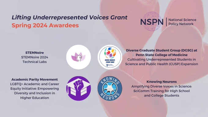 Lifting Underrepresented Voices Grant. Spring 2024 Awardees. STEMNoire: "STEMNoire 2024 Technical Labs." Academic Parity Movement: "LGBTQ  Academic and Career Equity Initiative: Empowering Diversity and Inclusion in Higher Education." The Diverse Graduate Student Group (DGSG) at Penn State College of Medicine: "Cultivating Underrepresented Students in Science and Public Health (CUSP) Expansion." Knowing Neurons: "Amplifying Diverse Voices in Science: SciComm Training for High School and College Students."