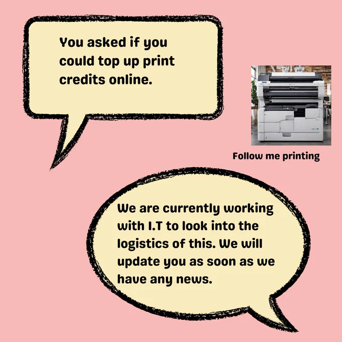 Suggestion of topping up print credits online. Response that we are looking into the logistics of this with IT and will update students when we have more news. 