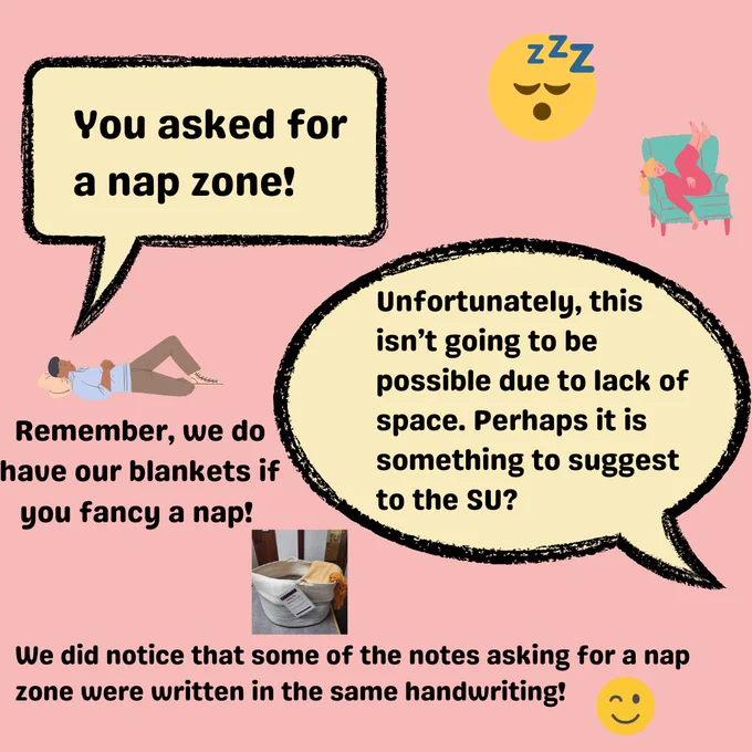 Suggestion of a nap zone. Response that this is not going to be possible due to lack of space. Perhaps it could be suggested to SU?  Reminder that we do have blankets if students fancy a nap!  
We noticed that some of the notes asking for a nap zone were written in the same handwriting!