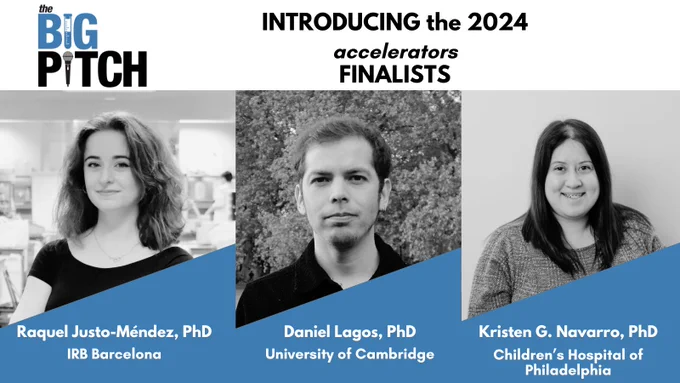 We're excited to announce our 2024 accelerators finalists!
Raquel Justo-Mendez, PhD -- IRB Barcelona
Daniel Lagos, PhD -- University of Cambridge
Kristen G. Navarro, PhD -- Children's Hospital of Philadelphia 
These three postdoctoral researchers will each give a 5-minute "pitch" for their research project at THE BIG PITCH at #MitoMed 2024. 