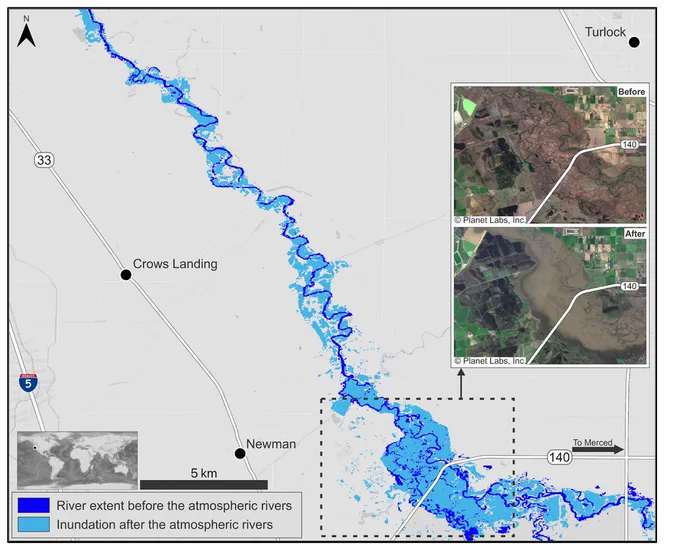 California’s San Joaquin River experienced dramatic swelling during a series of atmospheric rivers in early 2023. The storms caused widespread flooding over farmlands in the Central Valley. River discharge went up by 380% to 14,000 cubic feet per second. OPERA Surface Water Extent data were consistent with in situ discharge gauge data and satellite images on the right. Credit: OPERA Project Team/Planet Labs, Inc.