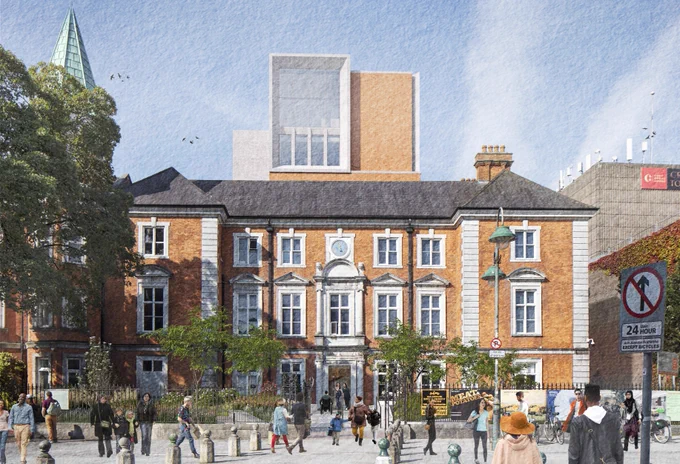 The image shows an artist's rendering of the Crawford Art Gallery redevelopment.