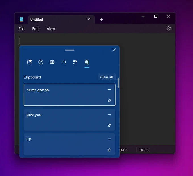 Showing the clipboard history feature in Windows. It says "never gonna give you up" in the copied text