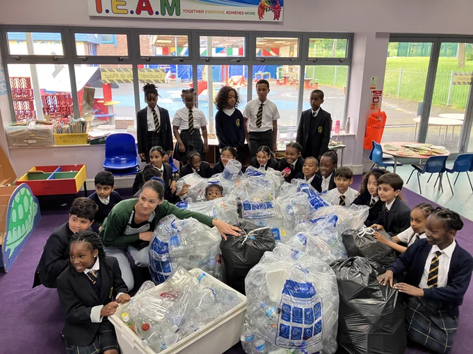 Year 3 pupils with plastic collected