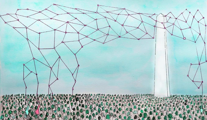 A neural network comes out of the top of an ivory tower, above a crowd of people's heads (shown in green to symbolise grass roots). Some of them are reaching up to try and take some control and pull the net down to them. Watercolour illustration. Jamillah Knowles & We and AI / Better Images of AI / People and Ivory Tower AI / CC-BY 4.0