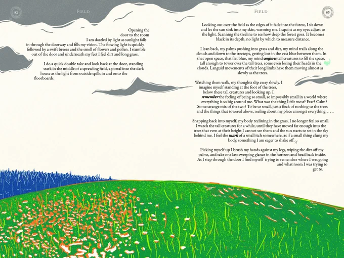 screenshot of a book layout. the spread has a full background image of an open field, a wide open sky, and clouds. text is set on the page on the sky in between the clouds.